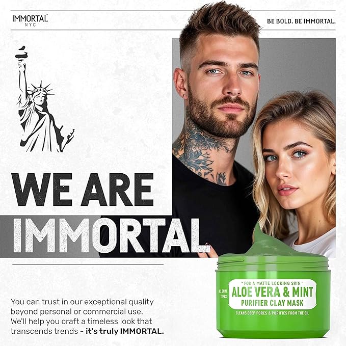 Immortal NYC Aloe Vera & Mint Purifier Clay Mask β Face Mask for Matte Look Skin, Oil Control, Deep Cleansing & Refreshing Skincare. Great Gifts For Women & Men β 10 oz