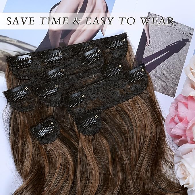 NAYOO Clip in Hair Extensions for Women 14 Inch Short Wavy Curly Dark Brown Mix Chestnut Hairpieces Full Head Synthetic Hair Hairpieces (6PCS, Dark Brown Mix Chestnut)