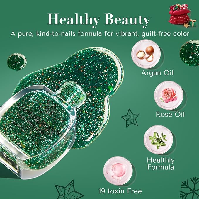 AZUREBEAUTY Christmas Nail Polish Quick Dry Green Glitter Nail Polish Natural Shine Nail Lacquer Salon-Quality for Women Girl Gift Set 1Pcs 0.34 fl oz