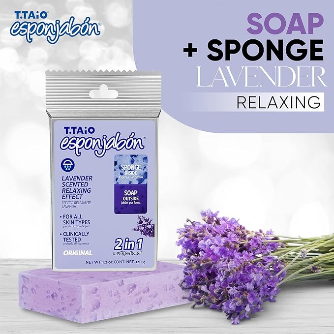 T.Taio Esponjabon Soap Sponge - Cleansing Shower Scrubber - Cleaning Bath Wash Scrub - Oil Removal - Massage & Lather Foot, Elbow, & Face - Bathroom Accessories - Fresh Lavender Scent
