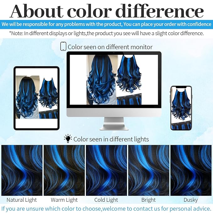 KooKaStyle Invisible Wire Hair Extensions Long Wavy Layered Synthetic Hair with Transparent Wire Adjustable Size 6 Secure Clips Hairpieces for Women(Black with Blue 20 Inch)