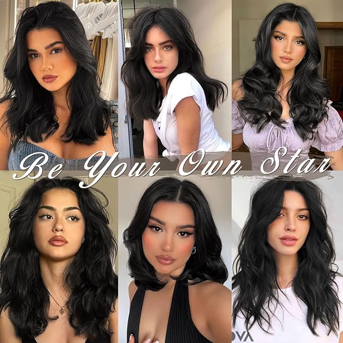 BARSDAR 14 Inch Wavy Clip in Hair Extensions – 5PCS Thick Soft Synthetic Hairpieces – Natural Black Full Head Clip in Hair Extensions for Women – Long Voluminous Easy Wear for Daily Party Halloween