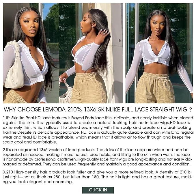 Lemoda Full 13x6 SKINLIKE Real HD Lace Frontal Wigs 210% Density 15A 28Inch Straight 13x6 Full Lace Frontal Virgin Human Hair Wigs Invisible 0.1mm Ultra-thin Knots Frayed Ends Lace Wig Natural Black