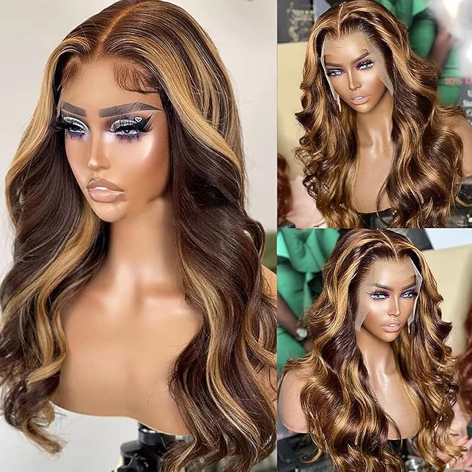 IUPin Highlight Ombre 13x4 Lace Front Wig Human Hair Body Wave Honey Blonde Glueless HD Transparent Lace Frontal Wigs for Women 200 Density Human Hair Pre Plucked with Baby Hair 32 Inch