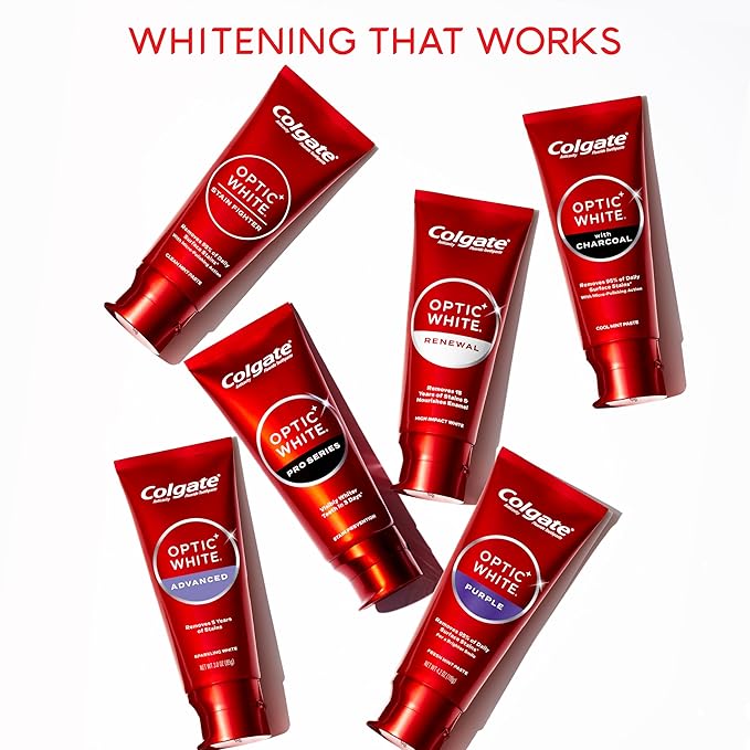 Colgate Optic White Renewal Teeth Whitening Toothpaste, Whitening Fluoride Toothpaste, Effectively Removes Tea, Coffee, and Wine Stains, Made with Hydrogen Peroxide, Brilliant Shine, 3 Pack, 3.0 oz