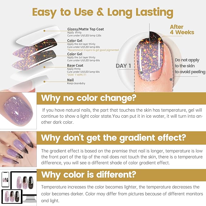 YTD Likomey Color Changing Gel Nail Polish with Base Coat and Top Coat Set,Fall Winter Shine Brocade Glitter Mood Temperature Change Red Green Pink Black Thermal Ombre UV Color Gel,8 Pcs 7.5 ml