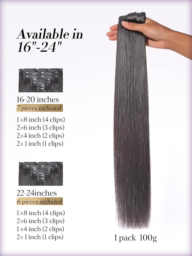 LUVME 0.59mm Zero Trace Invisible Clip in Hair Extensions, Silky Straight 6 Pcs 100g 24 Inch, 100% Real Human Hair Clip Ins, Sleek Long Silky Look with Wider Wefts for Glam, Weddings & Travel