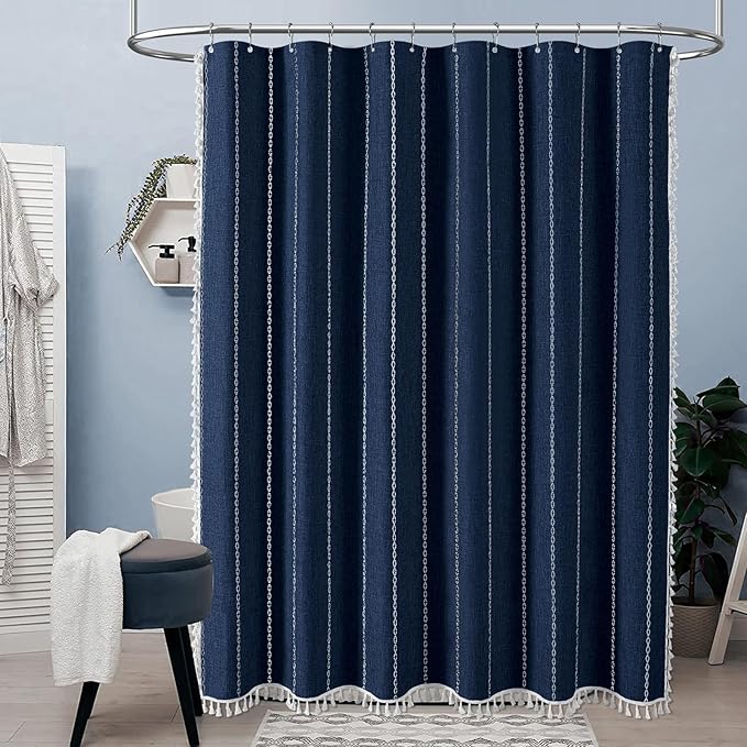BTTN Boho Farmhouse Shower Curtain - Linen Rustic Heavy Duty Striped Fabric Shower Curtain Set with Tassel, Bohemian Vintage Country Cloth Shower Curtains for Bathroom,Navy Blue,72" W x 84" L