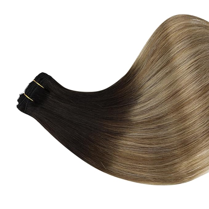 Full Shine Invisible Clip in Hair Extensions Human Hair 18 Inch Natural Black Ombre to Brown with Caramel Blonde Lace Weft Human Clip in Hair Extensions 3 PCS 60 G
