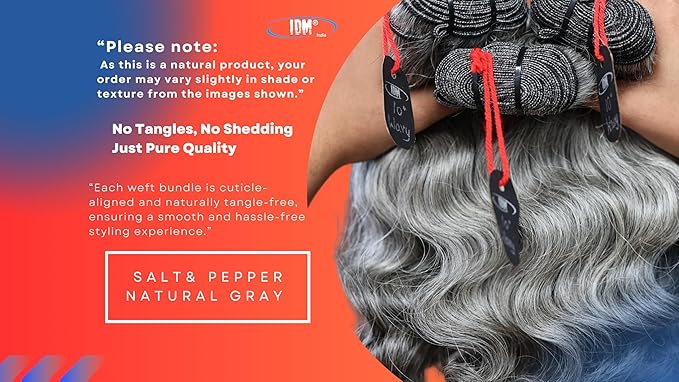 Salt & Pepper/Natural Gray-100% Natural Indian Virgin Raw Hair Extensions.Natural color unprocessed and not treated with any kind of chemicals (10" Wavy Salt & Pepper)
