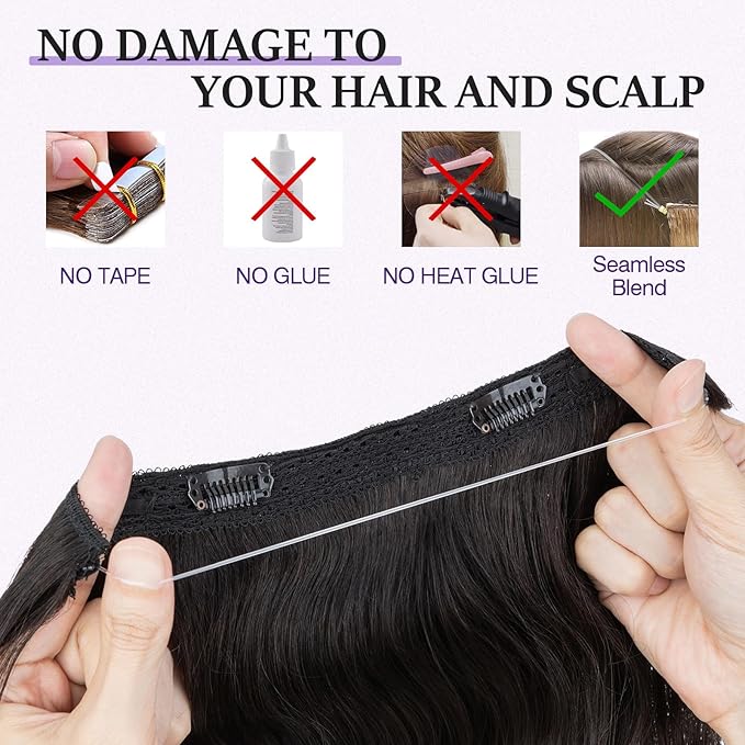 Halo Hair Extensions Real Human Hair,Halo Hair Extension 100% Human Hair,Wire Hair Extensions,Wavy 1B Natural Black 18inch/65g