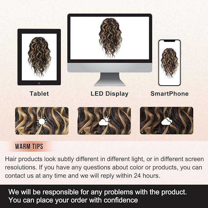 Flufymooz Ponytail Extension, 12" Short Claw Ponytail Wavy Curly Jaw Clip in Pony Tails Hair Extension Natural Synthetic Hairpiece for Women (Chocolate Brown with Blonde Highlights)