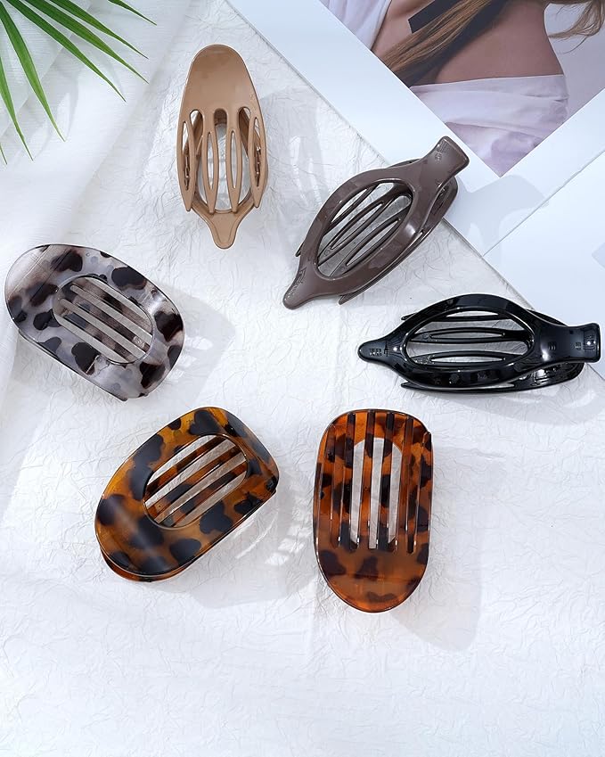 6 PCS French Flat Hair Clips for Women 2 Styles Large Matte Flat Claw Clips Strong Hold No-Slip French Hair Barrettes for Thick Thin Hair(Leopard 3+ Brown 3)