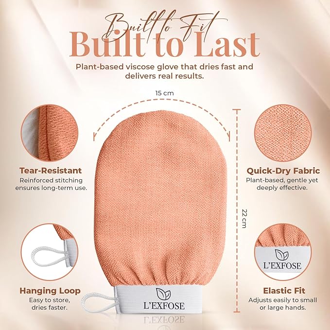 L'Exfose Kessa Hammam Deep Exfoliating Glove 2pc - Korean Exfoliating Mitt for Shower Ideal for Dead Skin Remover, Keratosis Pilaris & Self-Tanning to Improve Skin Tone Made with 100% Natural Viscose