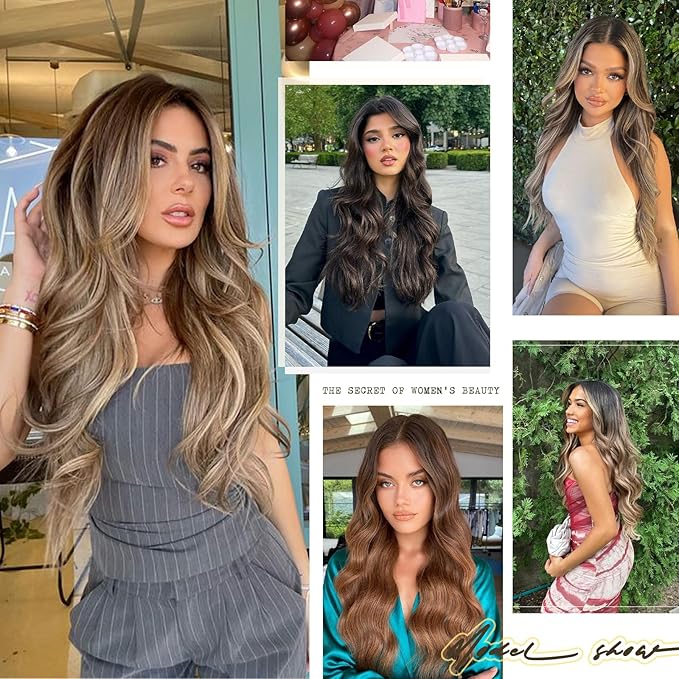Vigorous Clip in Hair Extensions 20Inch Biscuit Brown Hair Extension 6Pcs Long Wavy Soft Synthetic Hairpieces for Women