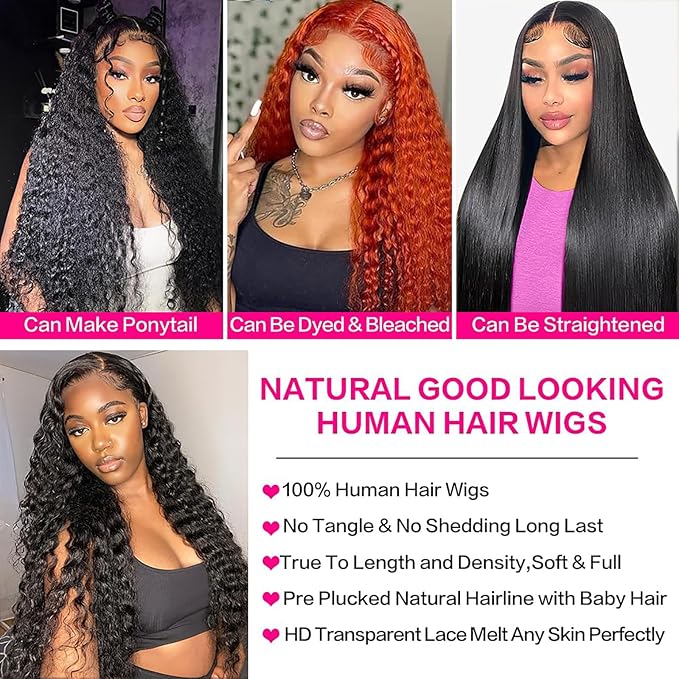 34 Inch 13x6 Lace Front Wigs Human Hair Water Wave 200 Density Human Hair Wig Pre Plucked Curly Wig for Black Women Natural Color
