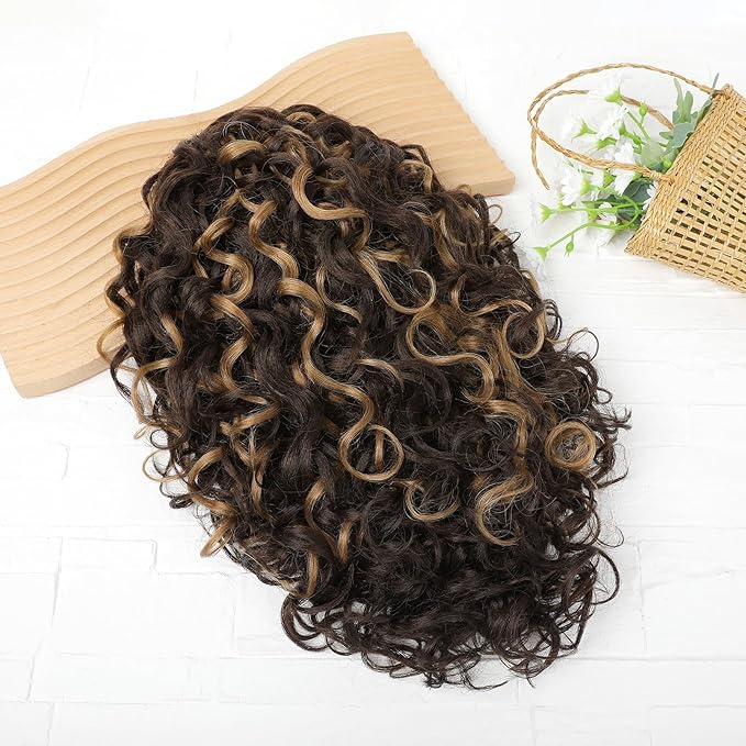 Flufymooz 100% Pure Protein Ponytail Extension, 18 Inch Curly Claw Clip Ponytail Hair Extensions Natural Soft pony tail hairpiece for women-Brown with Deep Blonde Highlight