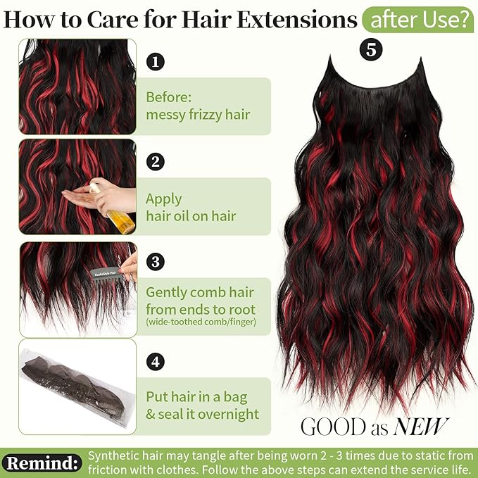 KooKaStyle Invisible Wire Hair Extensions with Transparent Headband Adjustable Size 4 Secure Clips Long Wavy Highlight Hairpiece 20 Inch Black and Red Streaks for Women