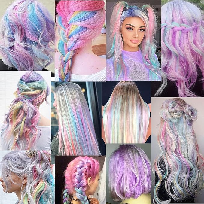 12PCS 20Inch Light Blue Light Purple Multicolored Hair Extension Clip in Party Highlights Straight Synthetic Hairpieces Halloween Cosplay Christmas Hair Accessories Gift for Teen Girls