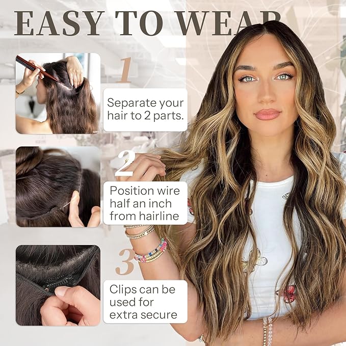 KooKaStyle Invisible Wire Hair Extensions with Transparent Headband Adjustable Size 4 Secure Clips Long Wavy Secret Wire Hairpiece 16 Inch for Women(Medium Brown with Blonde)626D#