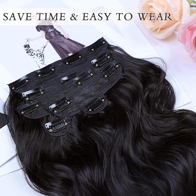 NAYOO Clip in Hair Extensions for Women 14 Inch Short Wavy Curly Natural Black Hairpieces Full Head Synthetic Hair Hairpieces(6PCS,Natural Black)