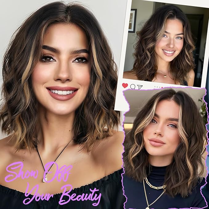 AISI HAIR 14 Inch Brown Mix Blonde Wigs for Women - Shoulder Length Wave Wig with Pre-Cut Lace Hairline, Middle Part Natural Wavy Bob Synthetic Heat Resistant Fiber for Daily and Party