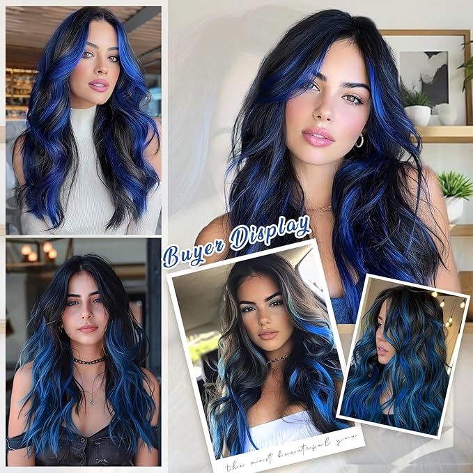 Vigorous Clip in Long Wavy Synthetic Hair Extension 4PCS Blue Black Highlights Hair Extensions 20Inch Easy to Install for Daily Use and Event Party Use
