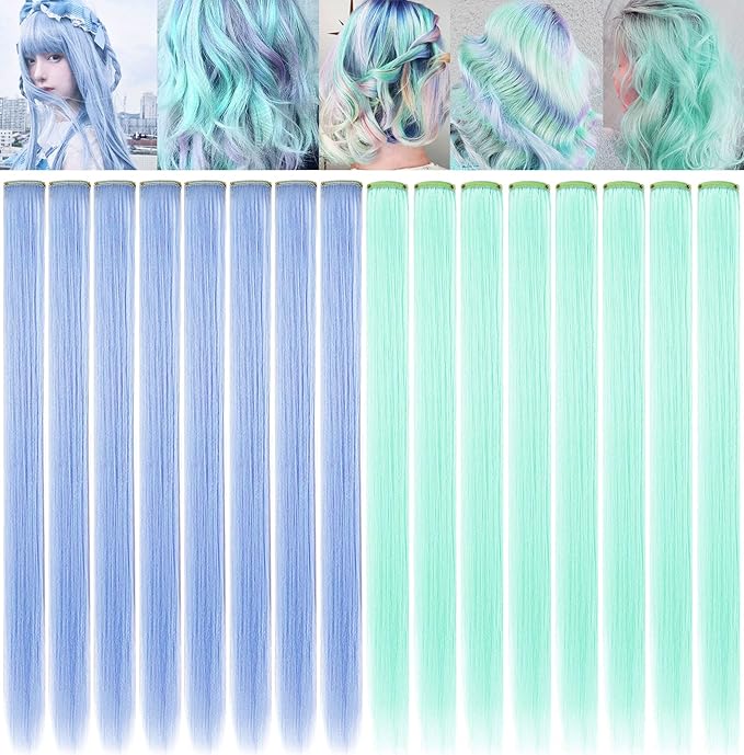 Rhyme 21" 16 PCS Light Green Sky Blue Hair Ins Colored Clip in Hair Extensions Straight Fashion Hairpieces for Party Highlights Girls Hair Accessories (Light green,Light blue)