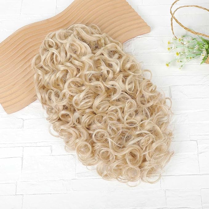 Flufymooz 100% Pure Protein Ponytail Extension, 18 Inch Curly Claw Clip Ponytail Hair Extensions Natural Soft pony tail hairpiece for women-Light Blonde with White Blonde