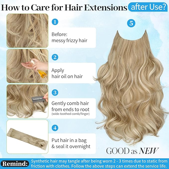 KooKaStyle Invisible Wire Hair Extensions Long Straight Layered Synthetic with Transparent Headband Adjustable Size 6 Secure Clips Hairpieces for Women(20 Inch, H1860A#Beige Blonde)