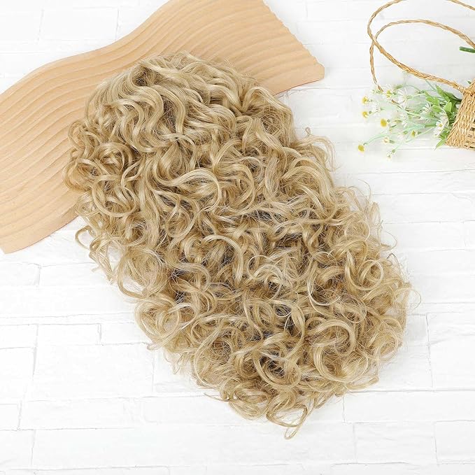 Flufymooz 100% Pure Protein Ponytail Extension, 18 Inch Curly Claw Clip Ponytail Hair Extensions Natural Soft pony tail hairpiece for women-Deep Blonde with Ash Blonde Highlights
