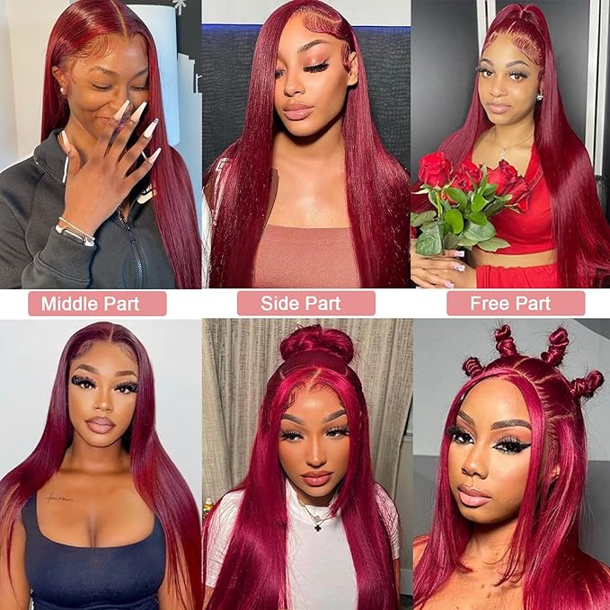 LICHANG 13x6 99J Straight Lace Front Wigs Human Hair Pre Plucked with Baby Hair for Black Women Glueless 24 Inch