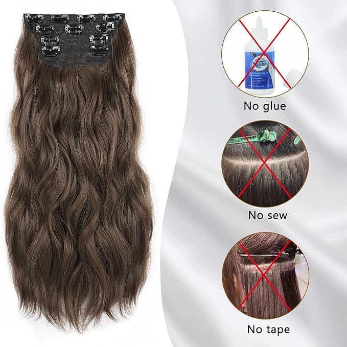 Long Wavy Clip in Synthetic Hair Extension Chestnut Brown 4pc Thick Hairpieces Double Weft Natural Hair Extensions 20inch for women(20INCH, 8/10)