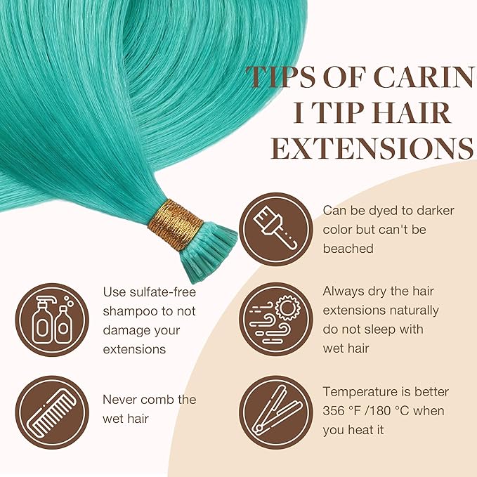 GOO GOO Colored I Tip Hair Extensions, Real Human Hair, 24inch 50g 50S, Cold Fusion I Tip, Invisible Remy, Teal Green