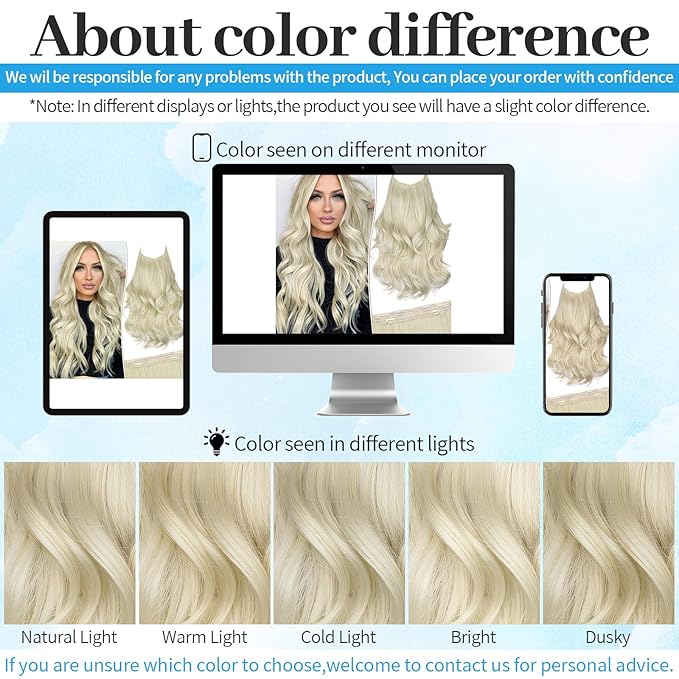 KooKaStyle Invisible Wire Hair Extensions Long Wavy Layered Synthetic Hair Extensions with Transparent Wire Adjustable Size 6 Secure Clips 4T613D#Platinum Blonde Hairpieces for Women 20 Inch