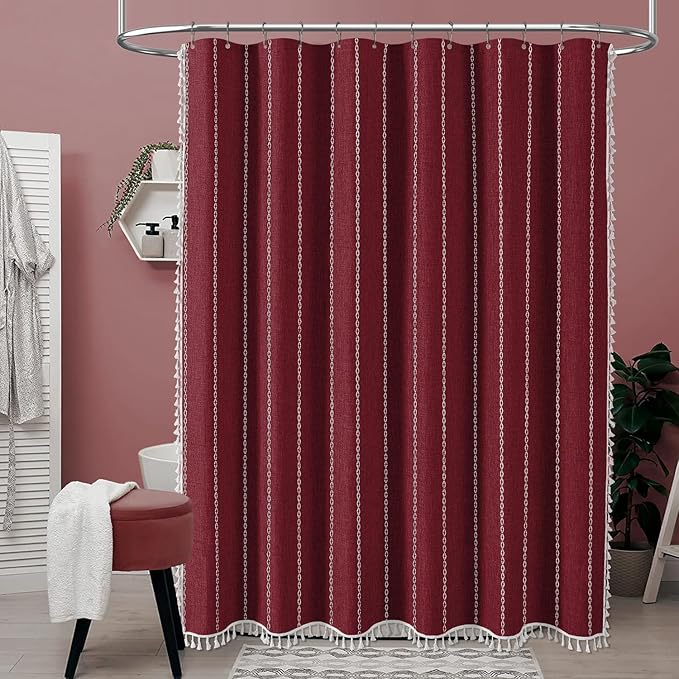 BTTN Extra Long Shower Curtain, 72x96 Long Striped Boho Linen Fabric Heavy Duty Shower Curtain Set with 12 Hooks, Tall Bohemian Farmhouse Luxury Tassel Cloth Shower Curtains for Bathroom, Burgundy