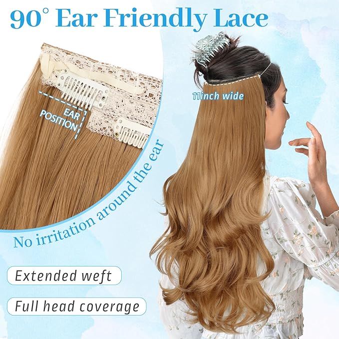 KooKaStyle Invisible Wire Hair Extensions Long Wavy Layered Synthetic Hair Extensions with Transparent Wire Adjustable Size 6 Secure Clips Strawberry Blonde Hairpieces for Women 16 Inch