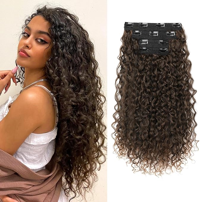 Clip in Hair Extensions, FLUFYMOOZ 4PC 100ï¼… Pure Protein Silk Hair Extensions Long Soft Natural Hairpiece 20 Inch Curly Hair Extension for Women (Dark Almond brown with copper)