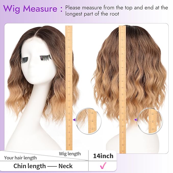 Brown to Honey Blonde Short Wavy Wig for Women Lace Hairline Bob Style Synthetic Heat Resistant - Natural Appearance for Everyday Hairstyle 14 Inch