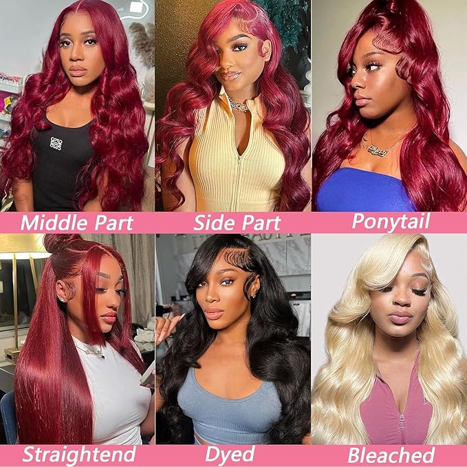 99j Burgundy Lace Front Wigs Human Hair 28 Inch 13x6 Body Wave HD Lace Front Wigs Pre Plucked with Baby Hair 200 Density Red Wigs for Women