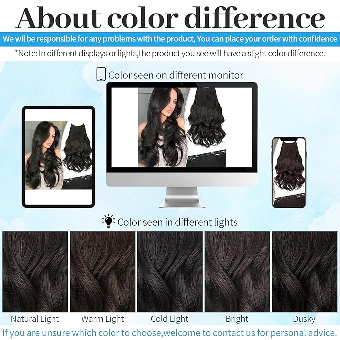 KooKaStyle Invisible Wire Hair Extensions 24‘’ Long Wavy Layered Synthetic Clip in Hair Extensions with Transparent Wire Adjustable Size 6 Secure Clips Dark Brown Thick Hairpieces for Women 24Inch