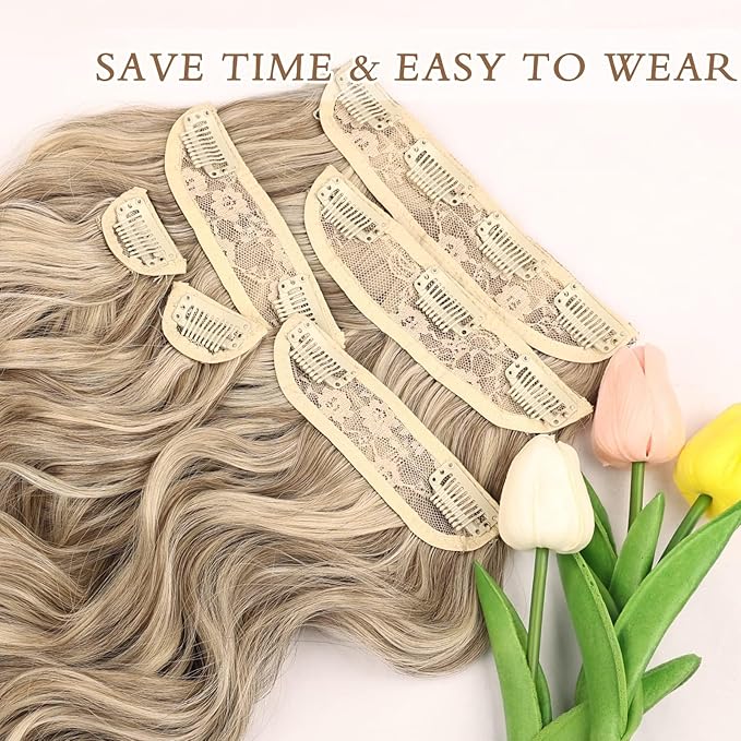 NAYOO Clip in Hair Extensions for Women 20 Inch Long Wavy Curly Dirty Blonde Hair Extension Synthetic Hair Extension Hairpieces (6PCS, Dirty Blonde)