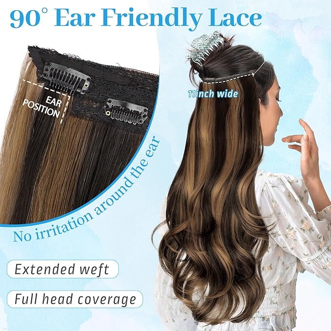KooKaStyle Invisible Wire Hair Extensions Long Straight Layered Synthetic with Transparent Wire Adjustable Size 6 Secure Clips Hairpieces for Women 16Inch (Balayage Dark Brown to Chestnut)