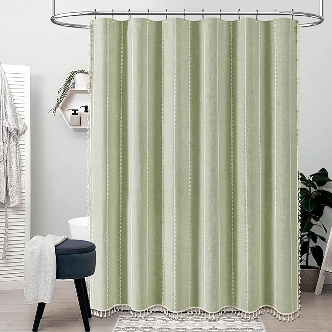 BTTN Boho Farmhouse Shower Curtain - Linen Rustic Heavy Duty Striped Fabric Shower Curtain Set, Bohemian Vintage Country Cloth Shower Curtains for Bathroom, Sage Green, 60" W x 72" L (Pack of 1)
