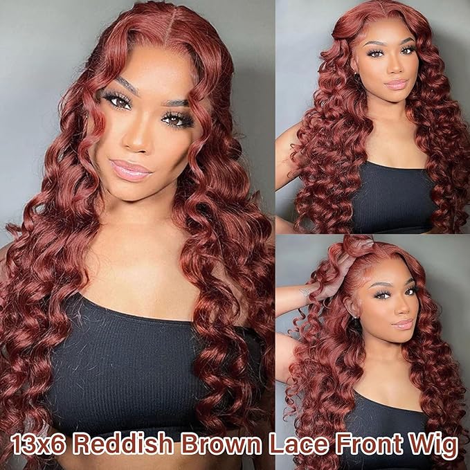 Aicrelery Lace Front Wigs Human Hair 20inch 13x6 Reddish Brown Body Wave HD Transparent Lace Frontal Wigs For Women 180% Density 33b Auburun Colored Glueless Wigs Super Soft