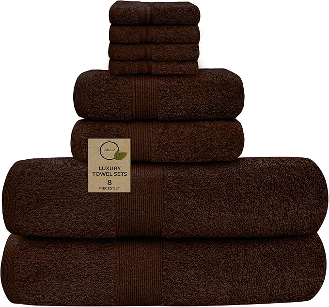 Softolle Luxury 8 Piece Towel Set, 2 Bath Towels 2 Hand Towels 4 Washcloths, Towels for Bathroom, Home, Spa & Gym - Highly Absorbent (Brown)
