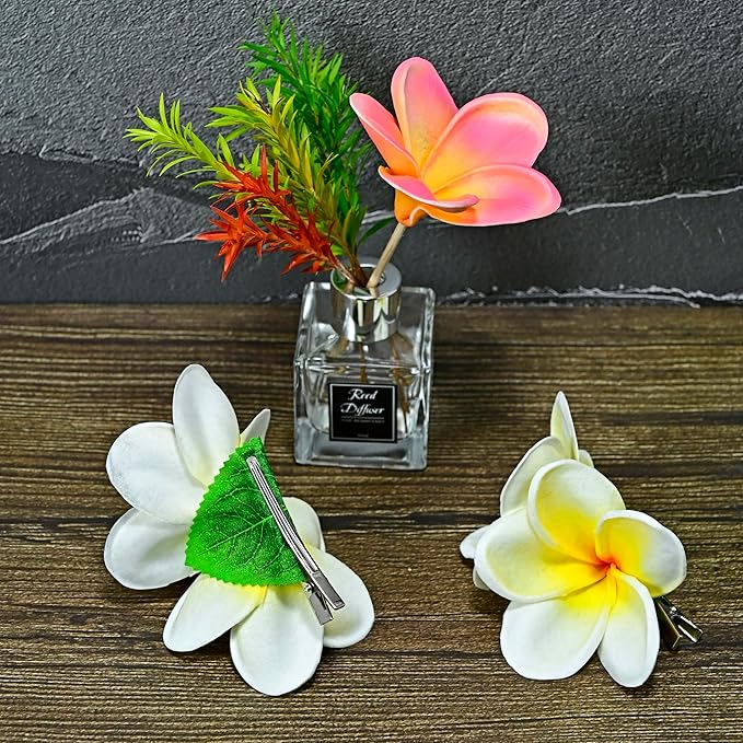 Pack of 2 Real Touch Flowers Hawaiian Flower Hair Clips Plumeria Hibiscus Hair Clips Handmade Hair Accessories for Beach Wedding Bridal Party Mother's Day Women Girls Holiday Gifts (c-814, 2pcs)
