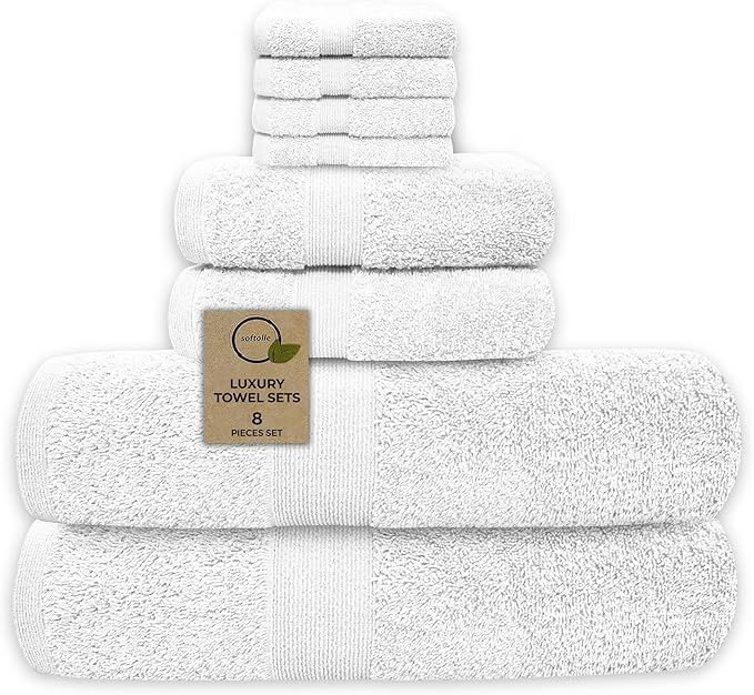 Softolle Luxury 8 Piece Towel Set, 2 Bath Towels 2 Hand Towels 4 Washcloths, Towels for Bathroom, Home, Spa & Gym - Highly Absorbent (White)