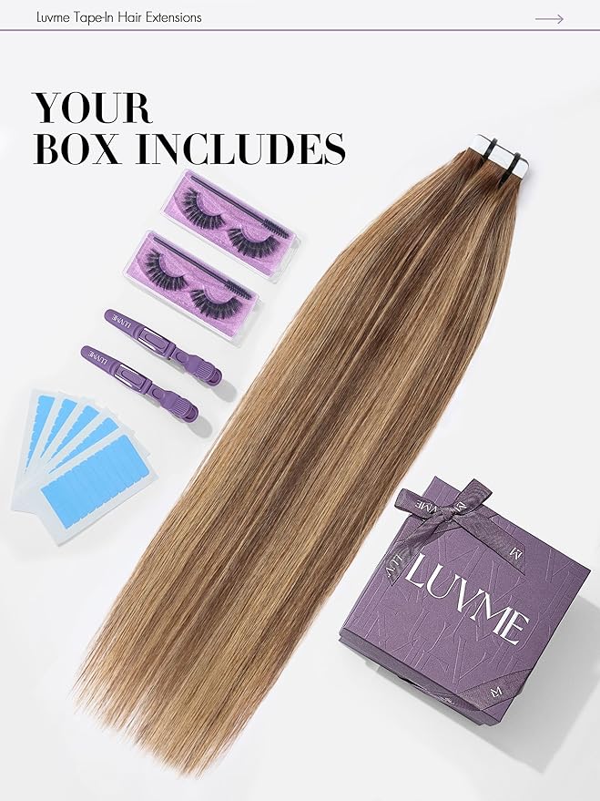 LUVME Invisible Tape in Hair Extensions Human Hair 14 Inch 50g 25pcs Warm Ash Balayage Highlight Straight Double Sided Seamless Tape Extensions