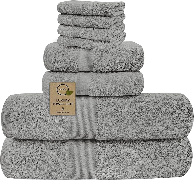 Softolle Luxury 8 Piece Towel Set, 2 Bath Towels 2 Hand Towels 4 Washcloths, Towels for Bathroom, Home, Spa & Gym - Highly Absorbent (Silver Grey)
